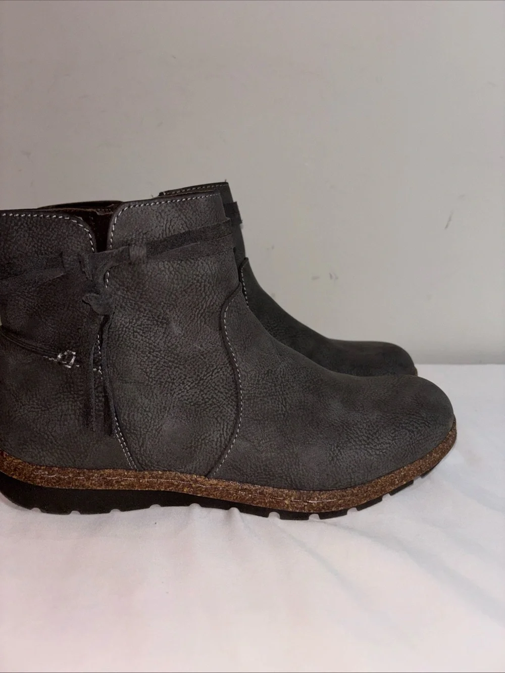 B.O.C Gray Ankle Boots with Cork Trim. 7/8